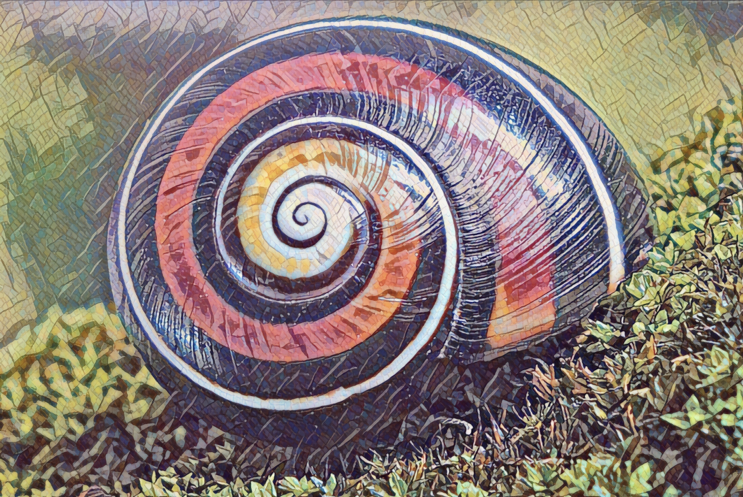 black snail shell with red-orange spiral